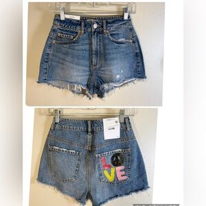 Garage Denim Shorts 0 24 Blue Denim Jean Distressed Cut Off Boho Love Peace Sign